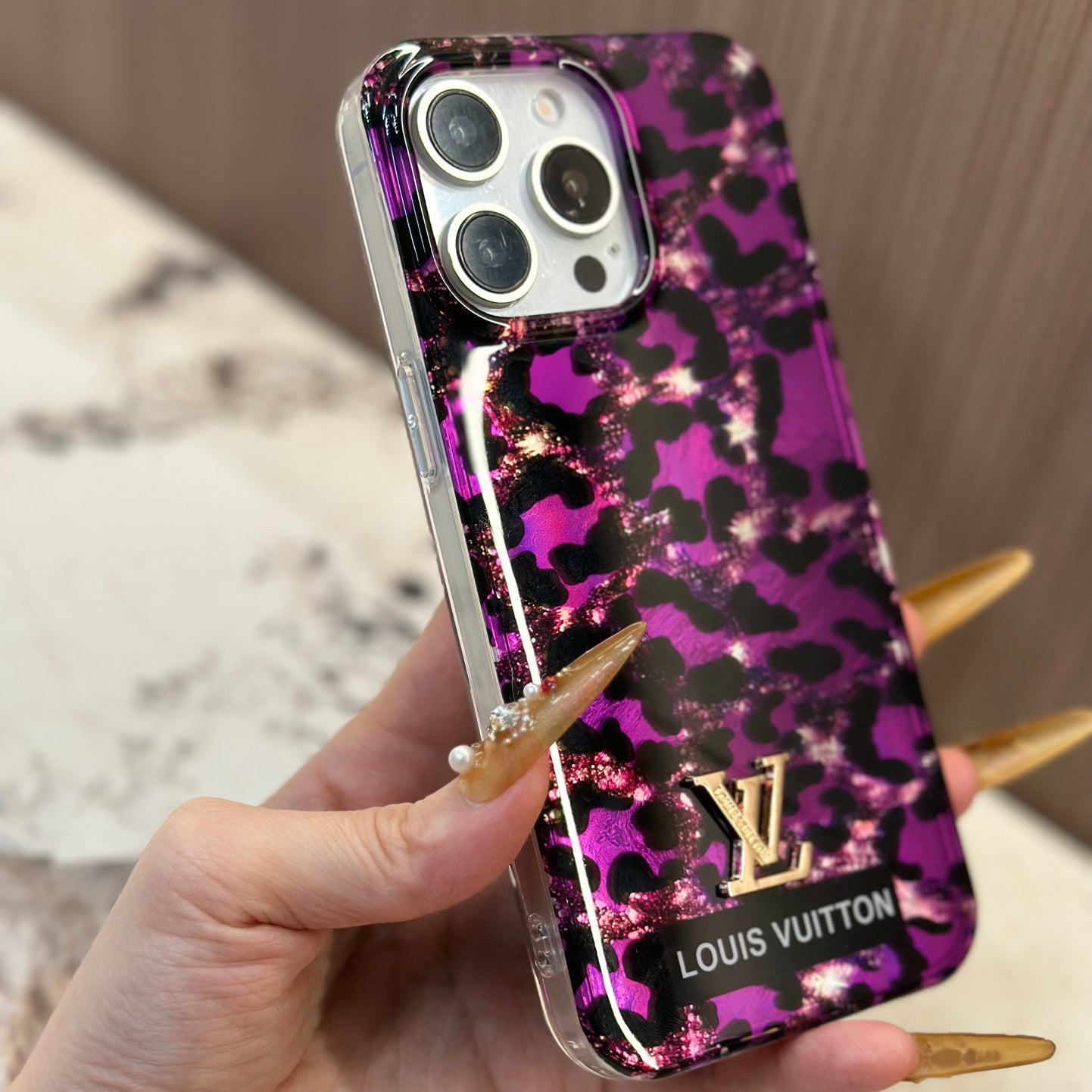 Shiny Purple Gold Leopard Print Laser Bracelet Case