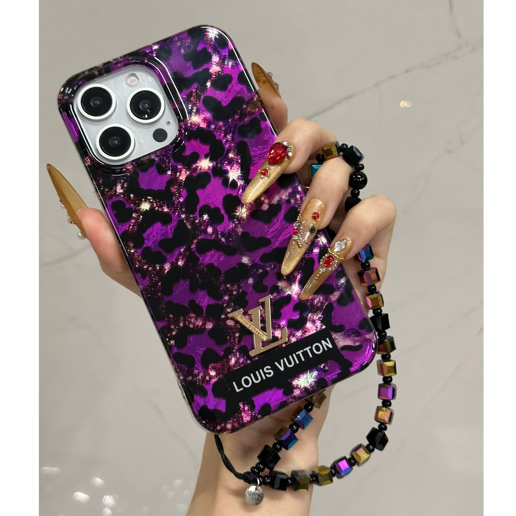 Shiny Purple Gold Leopard Print Laser Bracelet Case