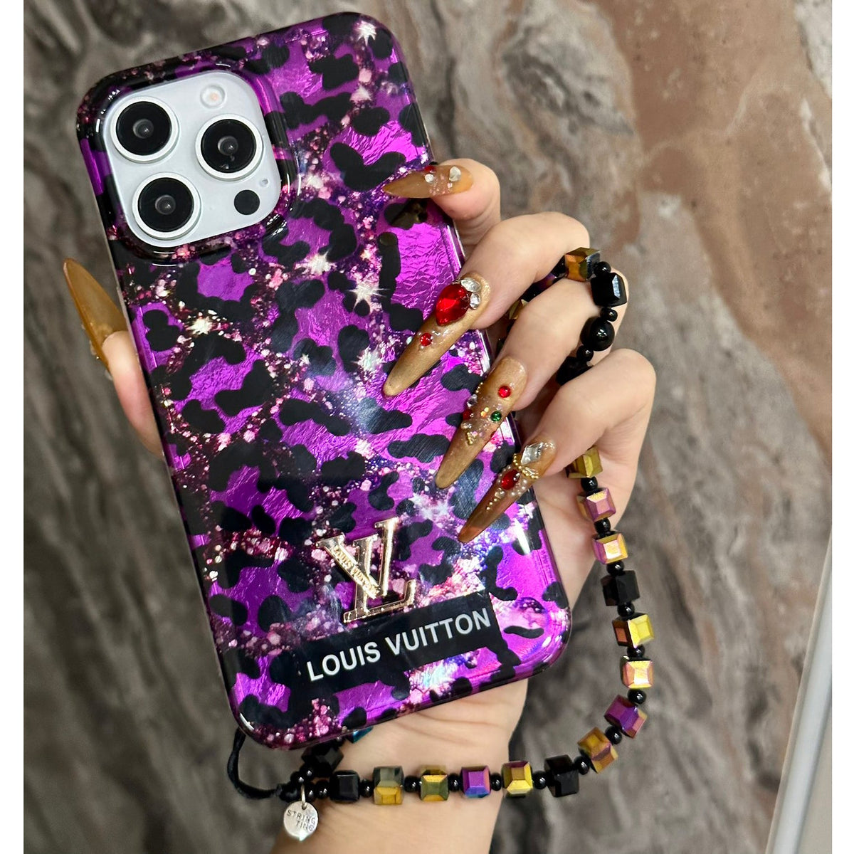 Shiny Purple Gold Leopard Print Laser Bracelet Case