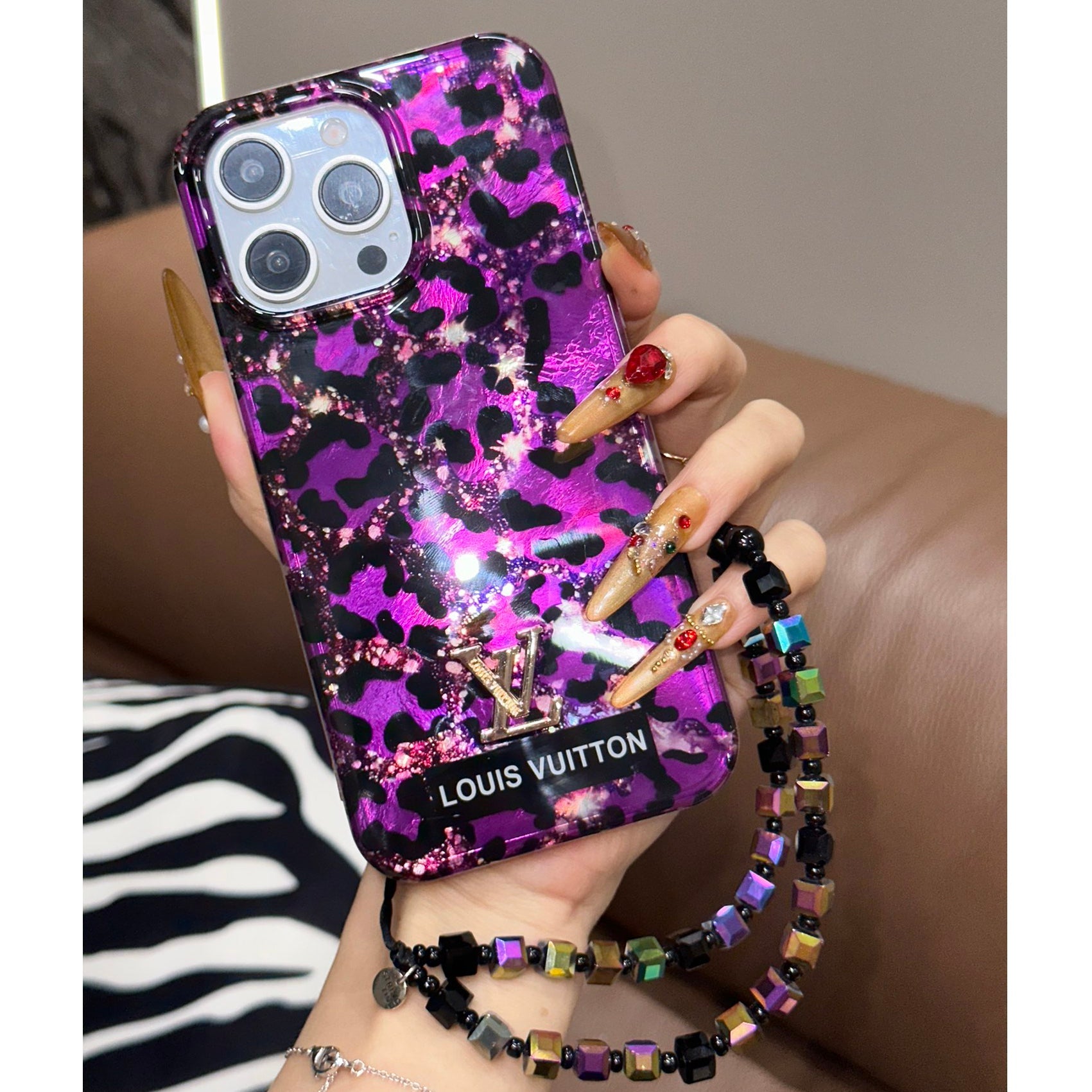 Shiny Purple Gold Leopard Print Laser Bracelet Case