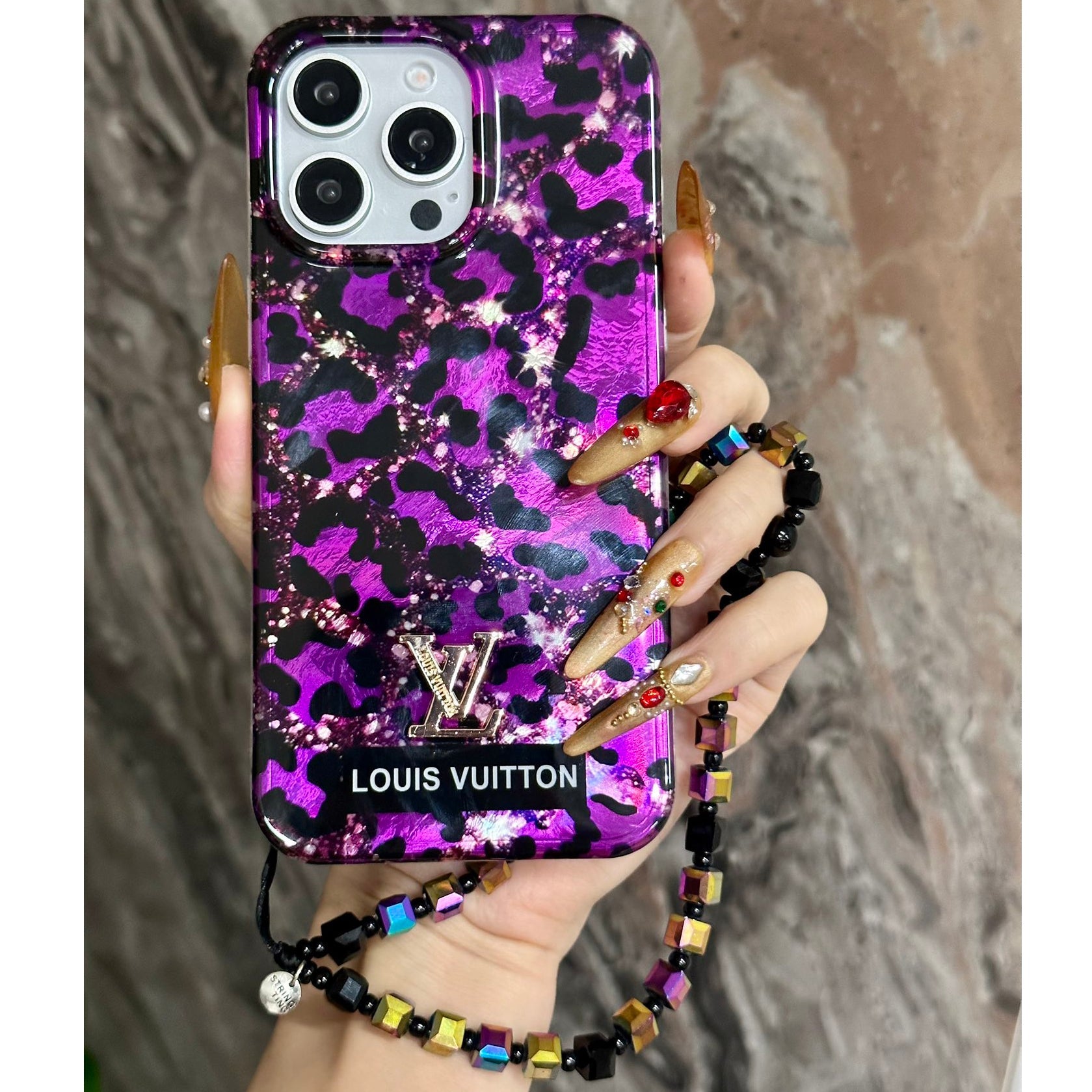 Shiny Purple Gold Leopard Print Laser Bracelet Case