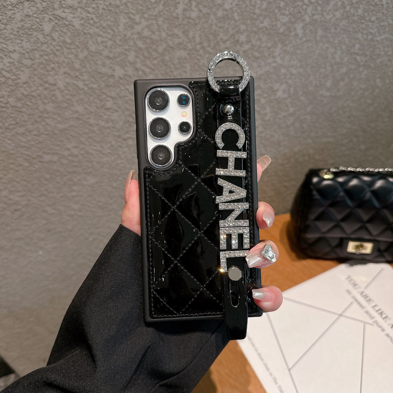 Patent Leather Diamond Letters Wristband Samsung Case