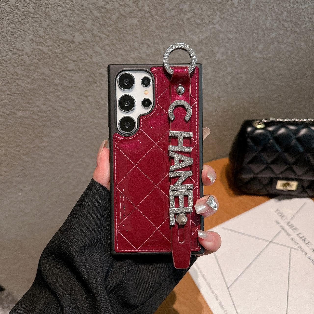 Patent Leather Diamond Letters Wristband Samsung Case
