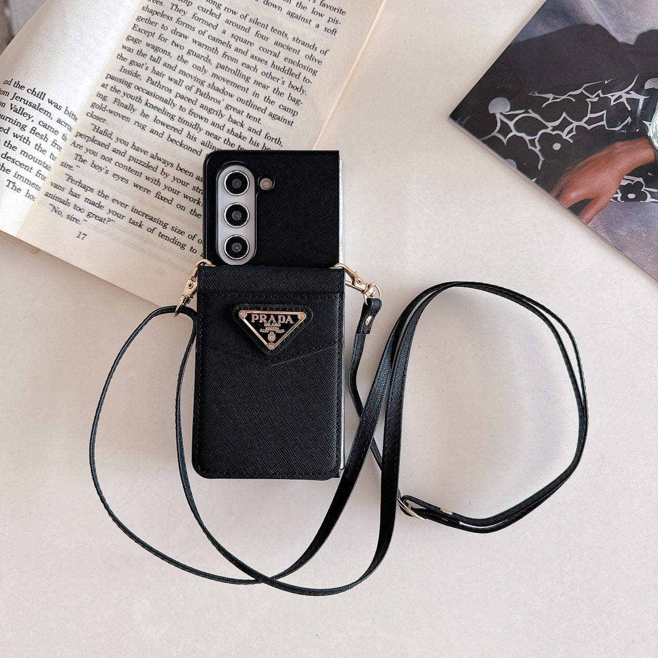 Leather Lanyard Crossbody Triangle Label Fold Case