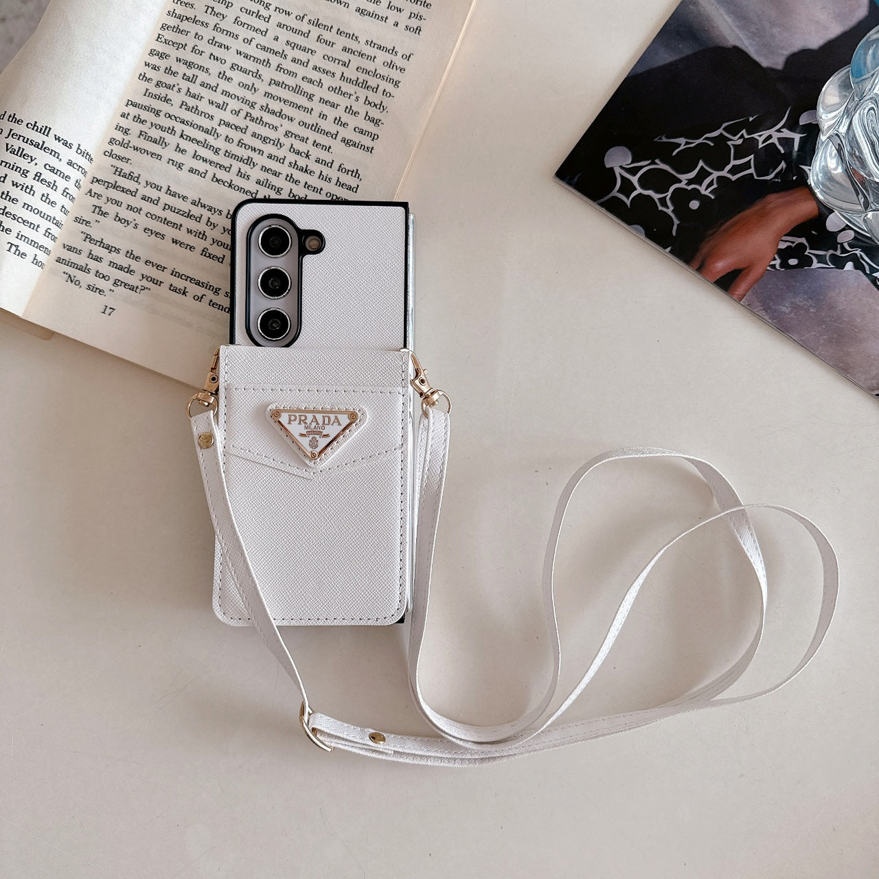 Leather Lanyard Crossbody Triangle Label Fold Case