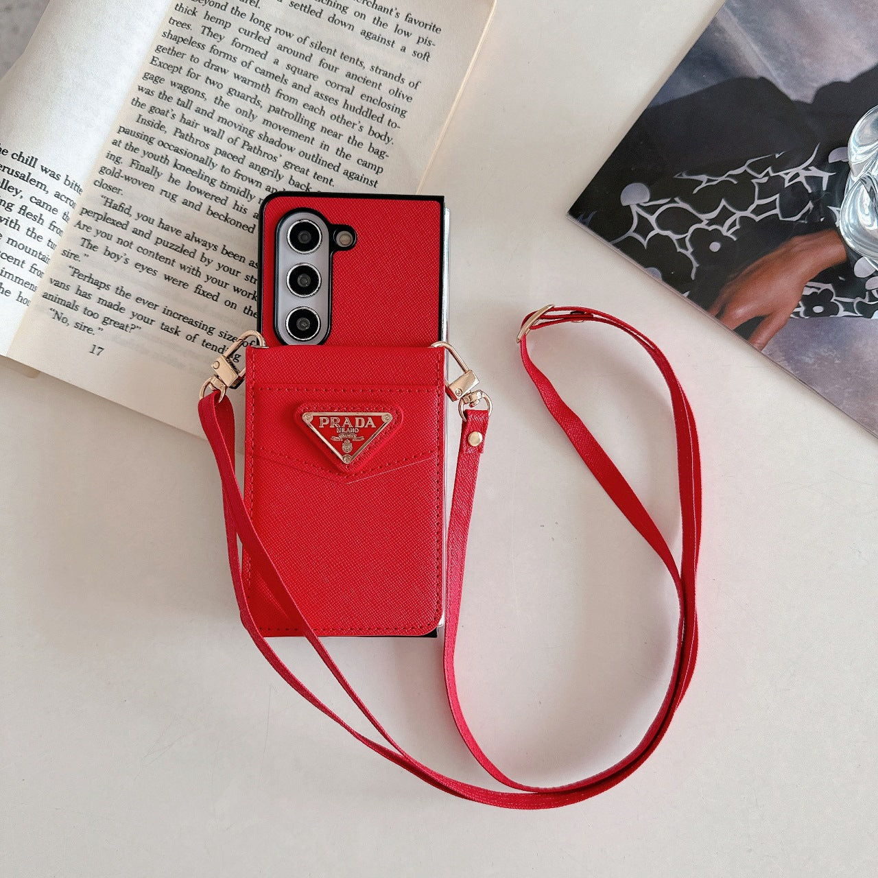 Leather Lanyard Crossbody Triangle Label Fold Case