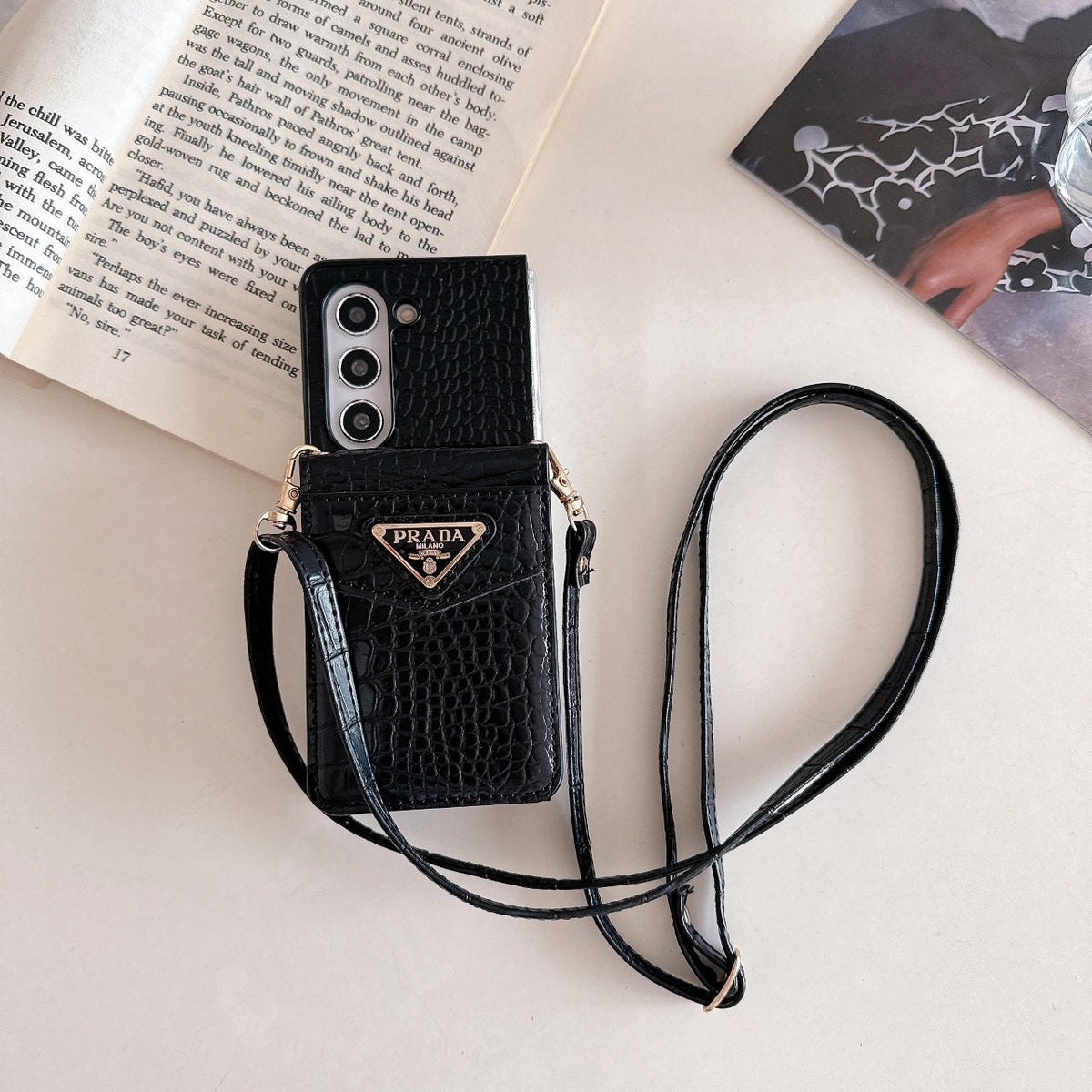 Leather Lanyard Crossbody Triangle Label Fold Case
