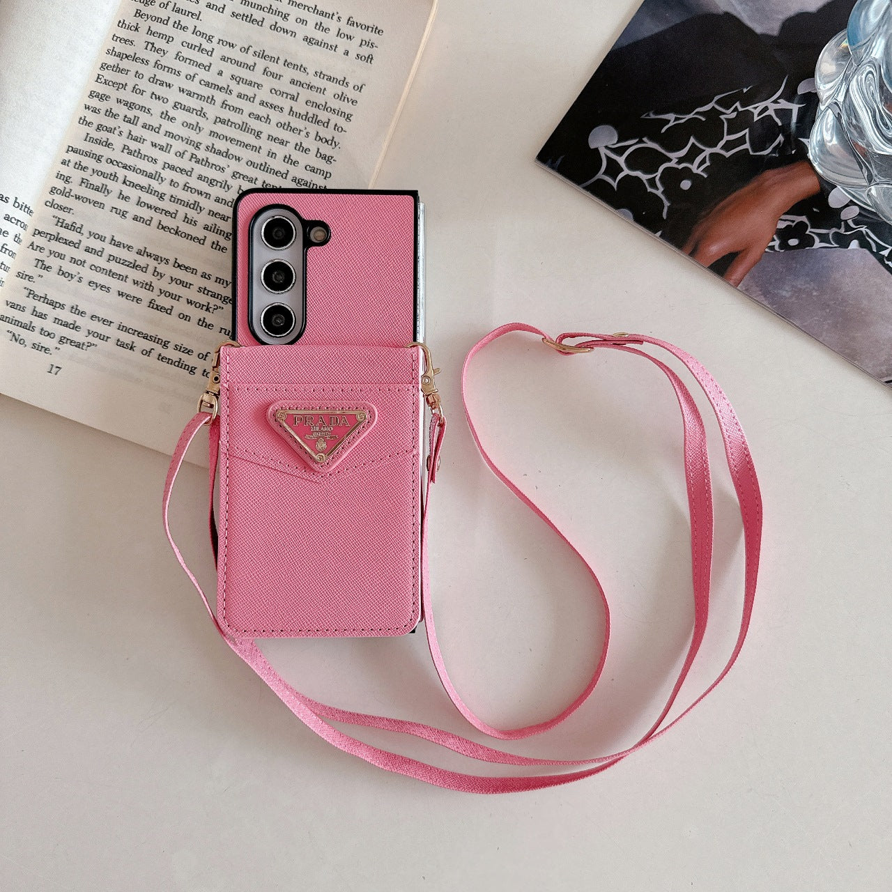 Leather Lanyard Crossbody Triangle Label Fold Case