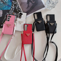 Leather Lanyard Crossbody Triangle Label Fold Case