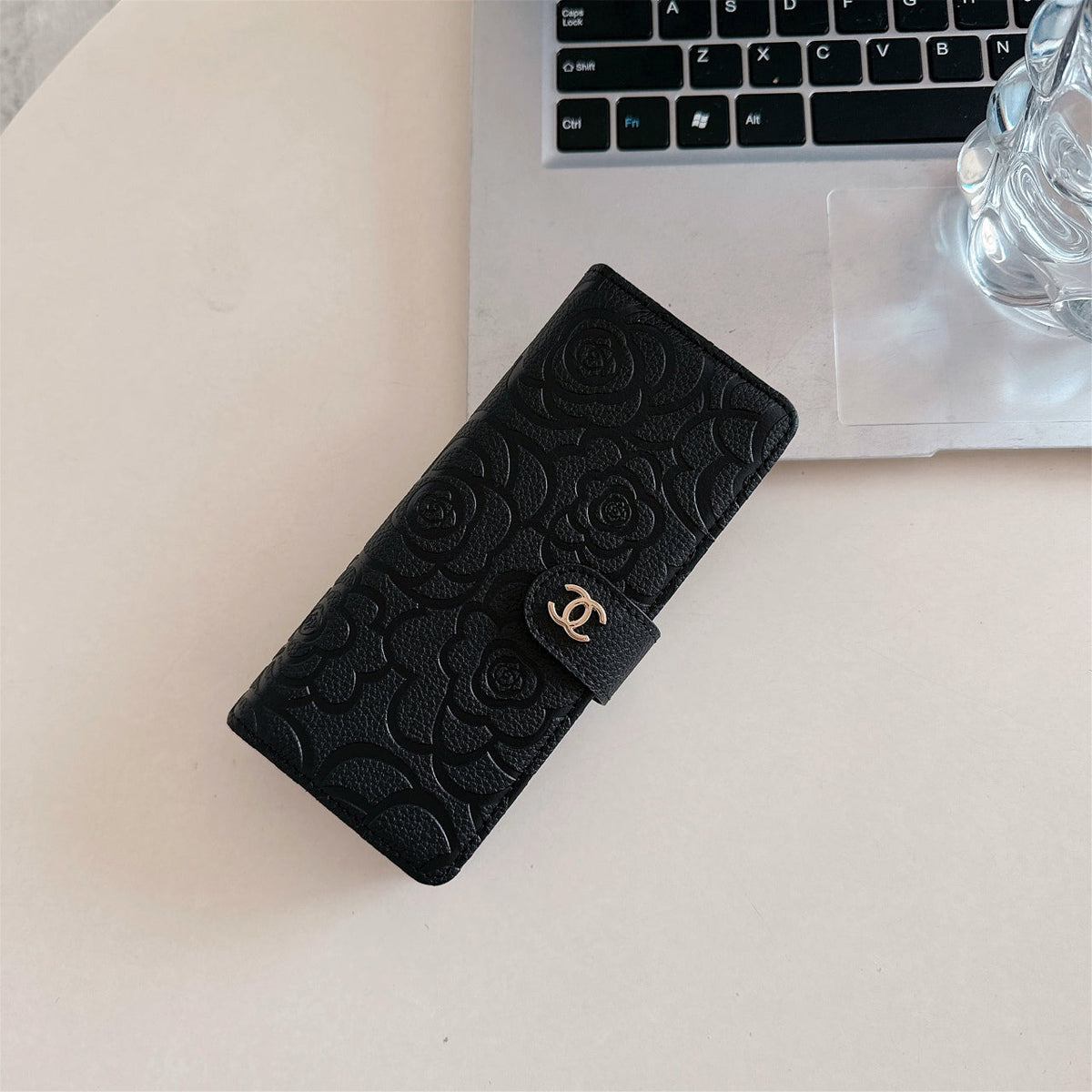 Camellia Wrist Strap Magnetic Leather Fold Case