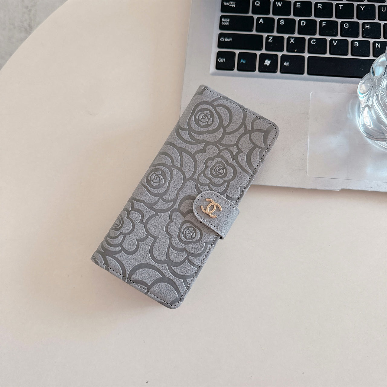 Camellia Wrist Strap Magnetic Leather Fold Case