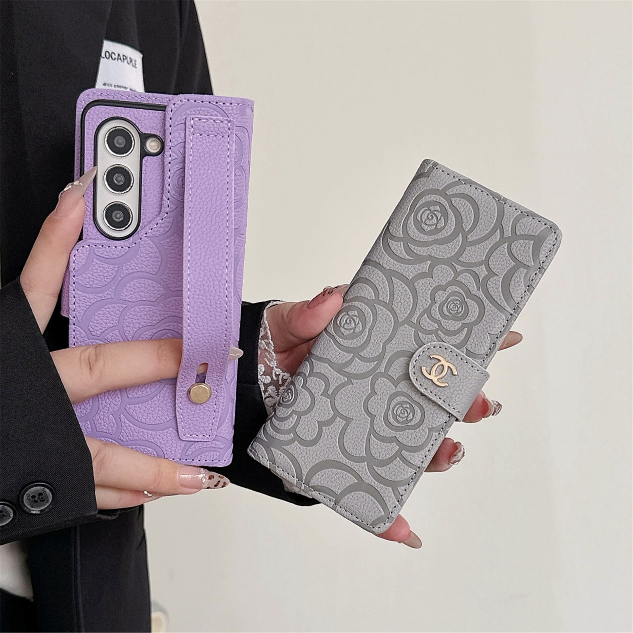 Camellia Wrist Strap Magnetic Leather Fold Case