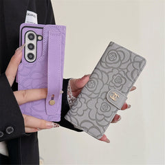 Camellia Wrist Strap Magnetic Leather Fold Case