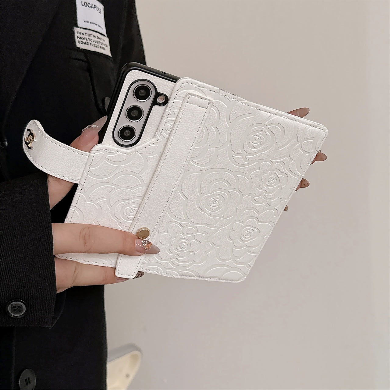 Camellia Wrist Strap Magnetic Leather Fold Case